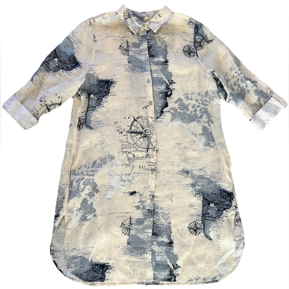 Chicos World Map Long Linen Tunic Blouse Top Women’s 12 Pockets Travel Vacation